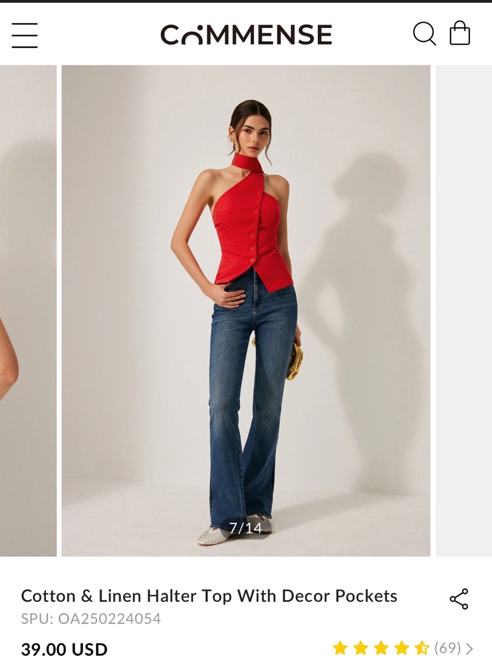 Commense Red Cotton-Linen One-Shoulder Halter Top with Neck Tie - Picture 4 of 5